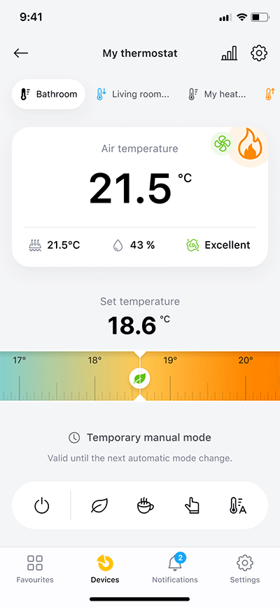 Detail nastavení teploty a CO2 v aplikaci MyJABLOTRON